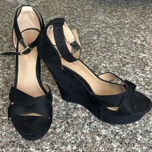 Black Wedged Open Toe Heels with Ankle Straps